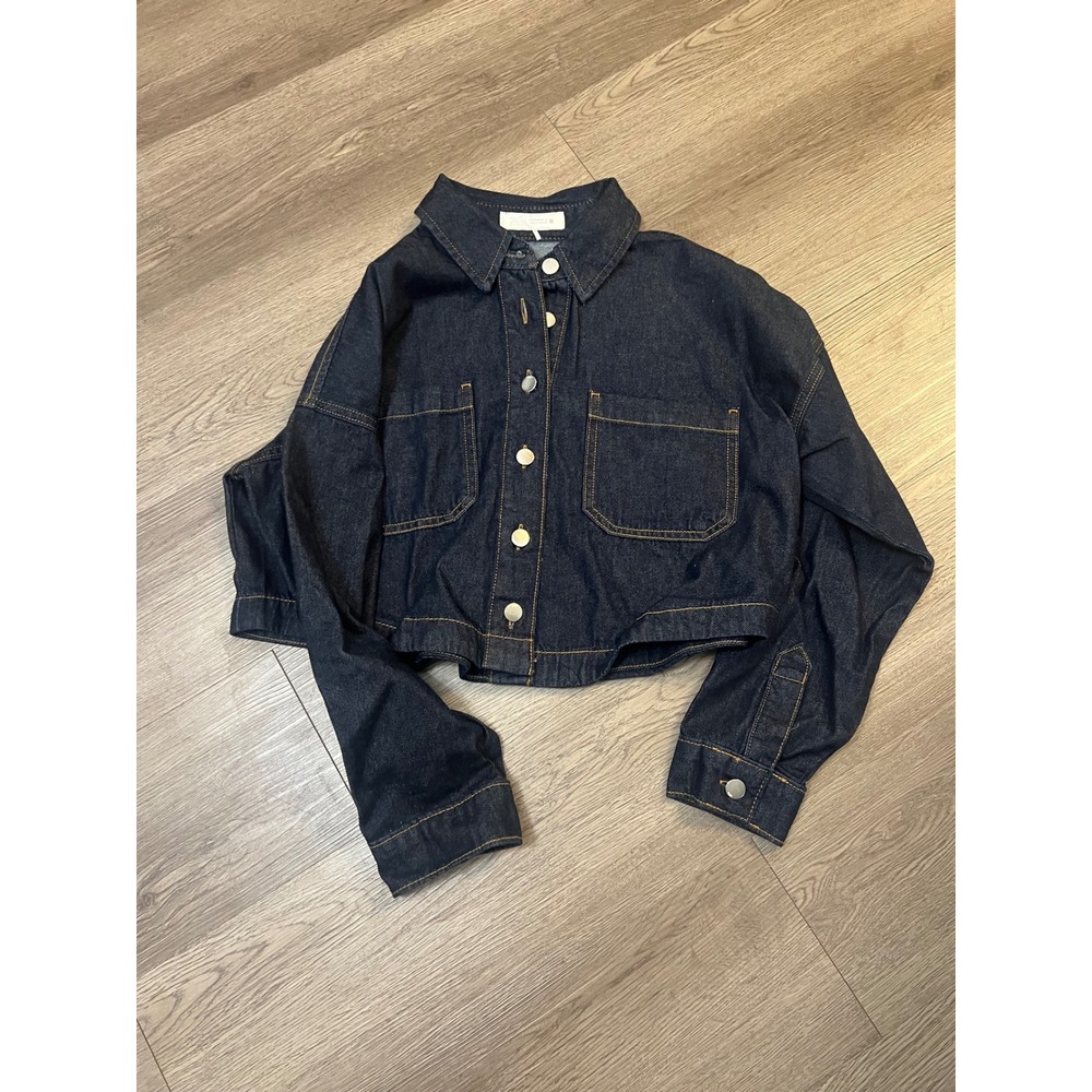 Zara Womens Dark Wash Cropped Denim Jean Jacket Oversized Small M28